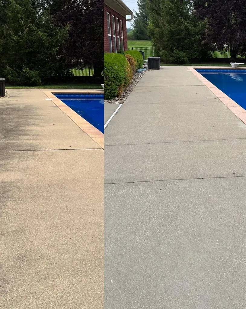 Pool side concrete before and after pressure washing